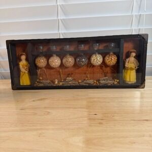 Vintage Shadow Box Diorama Corn Husk Dolls Dried Seed Vials Rustic Home Decor